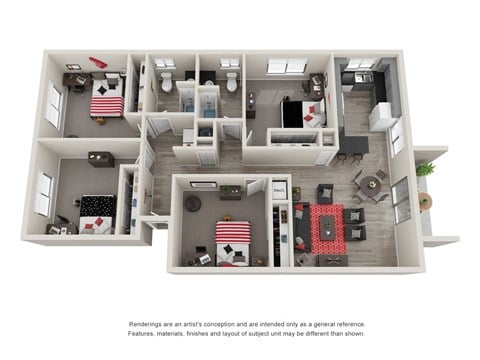 Floor plan for 4 beds, 2 baths, 392 sqft